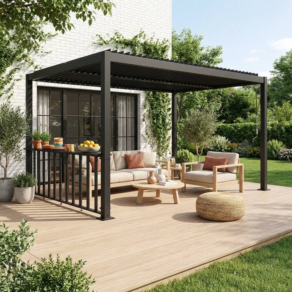 Pergola bioclimatique aluminium et acier 3x3m + bar 3m anthracite Palace | sweeek