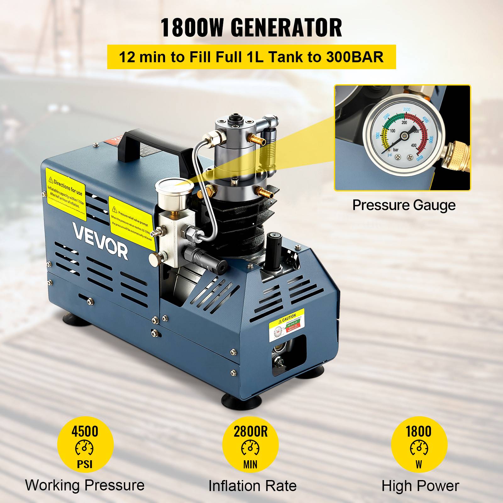 VEVOR Compresseur haute pression 30 MPa 1800W 220V avec arrêt automatique. Pour carabine PCP, paintball, pistolet, bouteille. - Image 2
