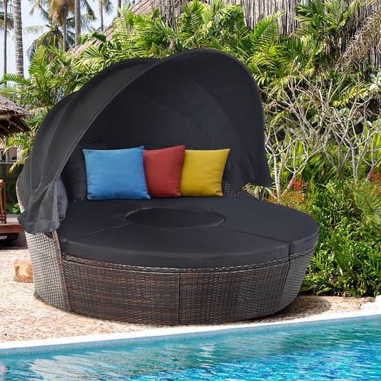 Lit de jardin rond d'exterieur table relevable modulable et convertible - pare soleil réglable rotin pe coussins inclus noir - Image 2