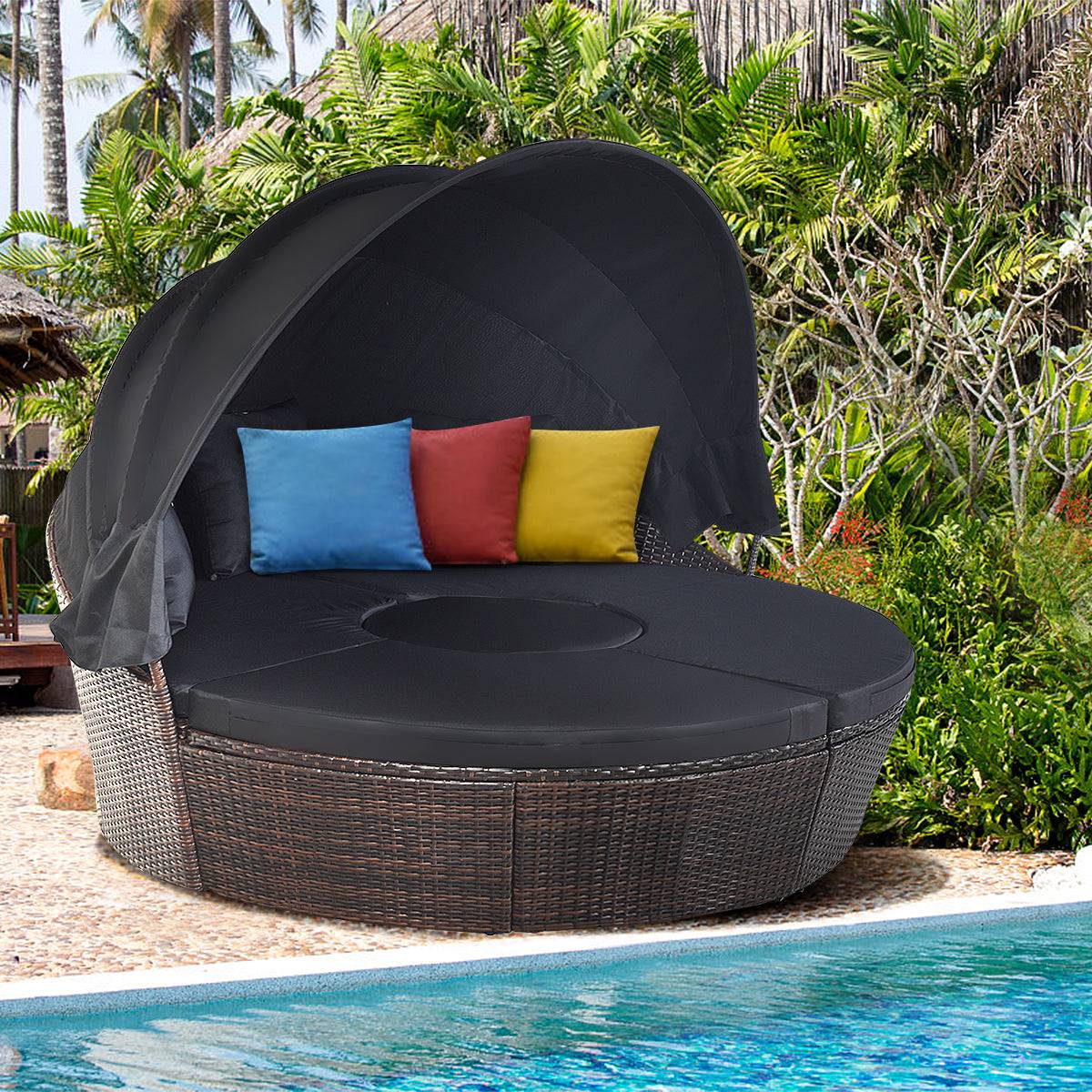Lit de jardin rond d'exterieur table relevable modulable et convertible - pare soleil réglable rotin pe coussins inclus noir - Image 2