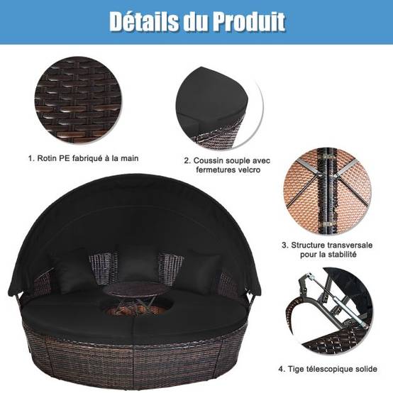 Lit de jardin rond d'exterieur table relevable modulable et convertible - pare soleil réglable rotin pe coussins inclus noir - Image 4