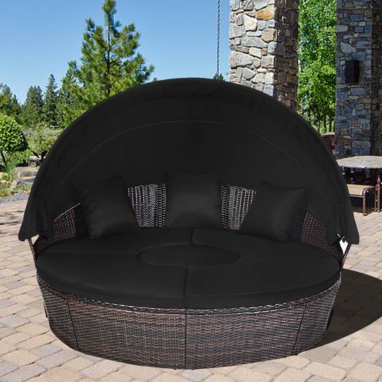 Lit de jardin rond d'exterieur table relevable modulable et convertible - pare soleil réglable rotin pe coussins inclus noir - Image 3