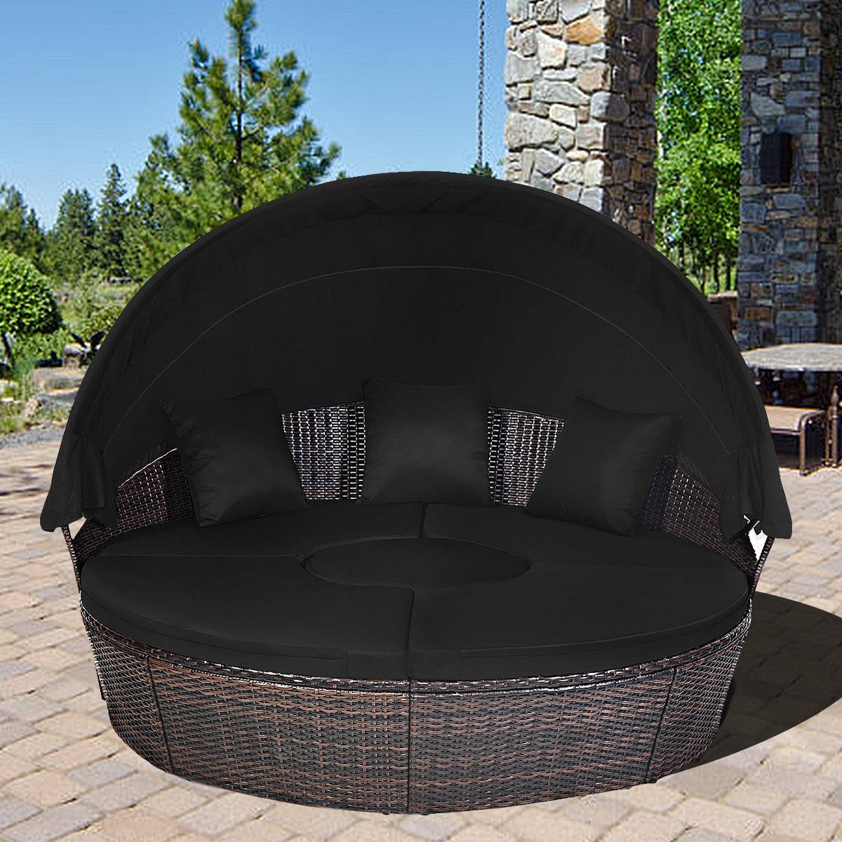 Lit de jardin rond d'exterieur table relevable modulable et convertible - pare soleil réglable rotin pe coussins inclus noir - Image 3