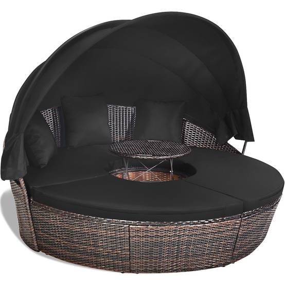 Lit de jardin rond d'exterieur table relevable modulable et convertible - pare soleil réglable rotin pe coussins inclus noir - Image 1