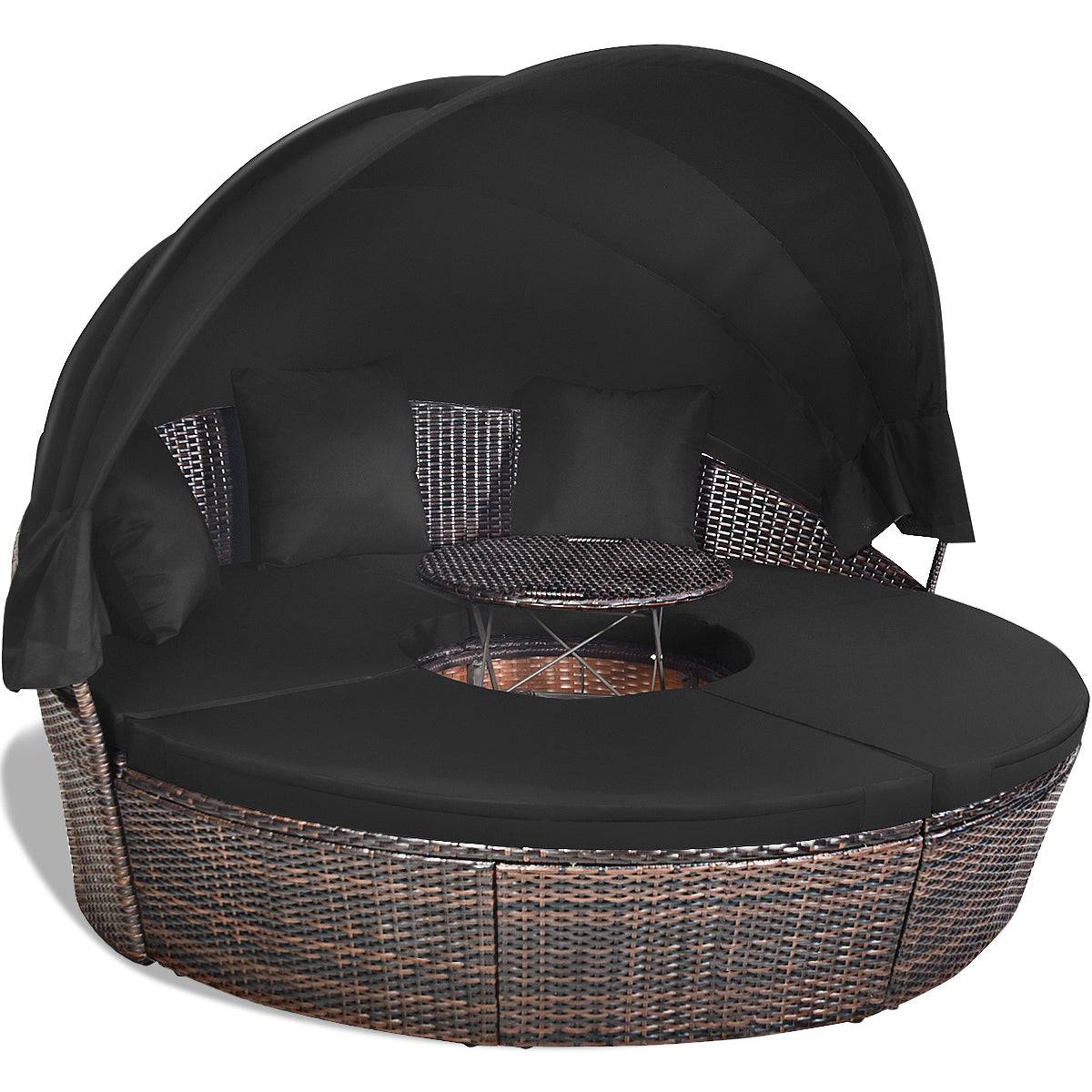 Lit de jardin rond d'exterieur table relevable modulable et convertible - pare soleil réglable rotin pe coussins inclus noir - Image 1