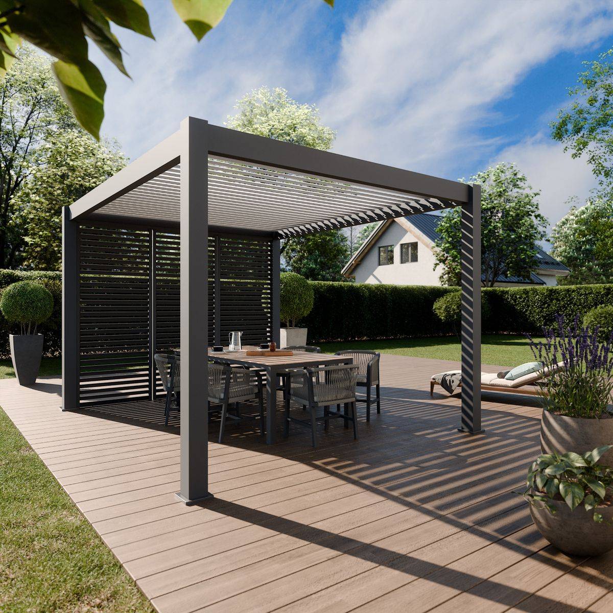Direct Abris - Pergola Bioclimatique Autoportée 12m² - 3x4m Trois Panneaux Vénitiens - Anthracite - Lames Inclinables à 120 degrés - ELIOS