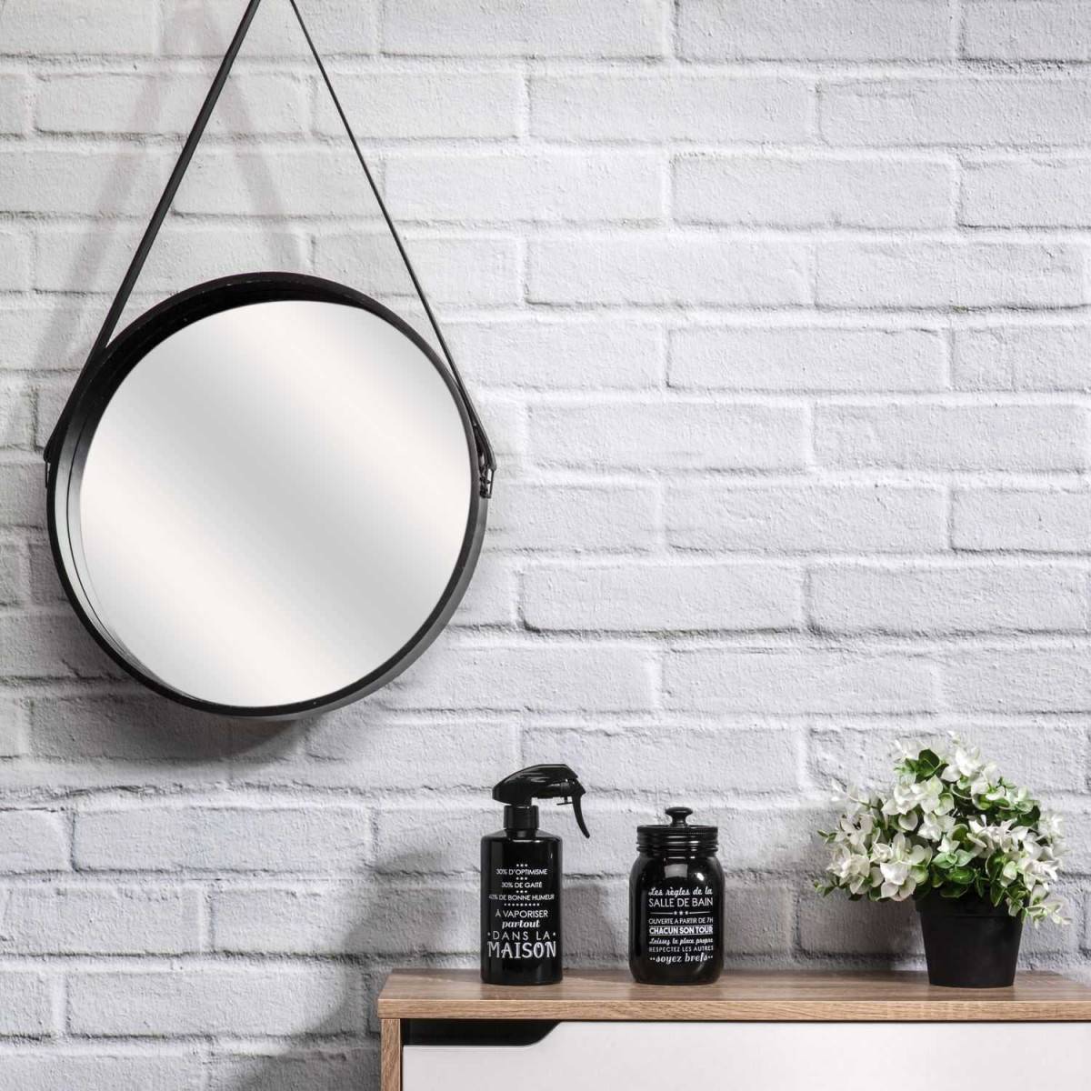The Home Deco Factory - Miroir rond 40 cm avec anse en polyuréthane Noir - Imagen 5