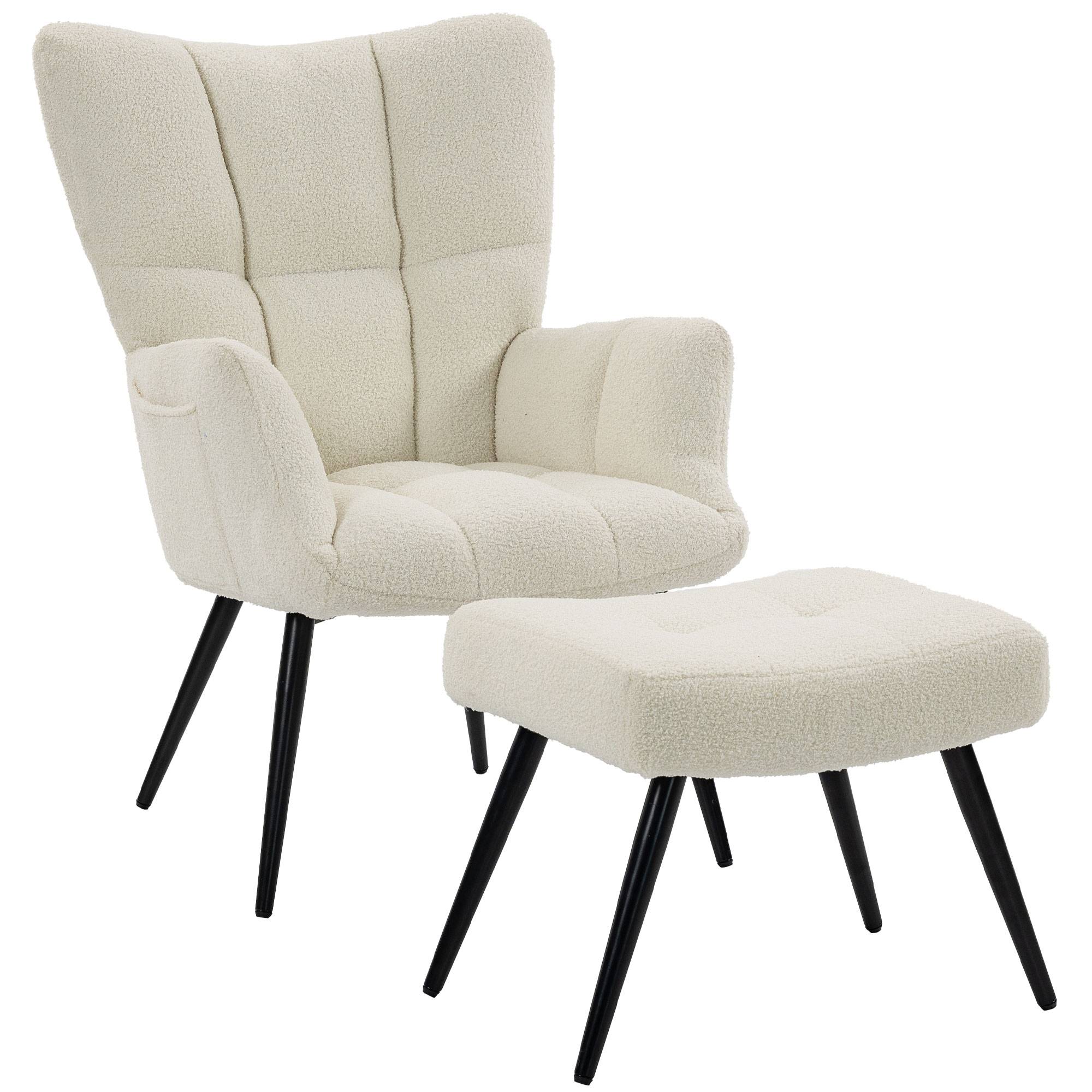 Sans Marque - Fauteuil de Salon avec Repose-Pied, Fauteuil d'Appoint Capitonné en Peluche Teddy, Dossier Haut, Poches Latérales, Beige - Image 1
