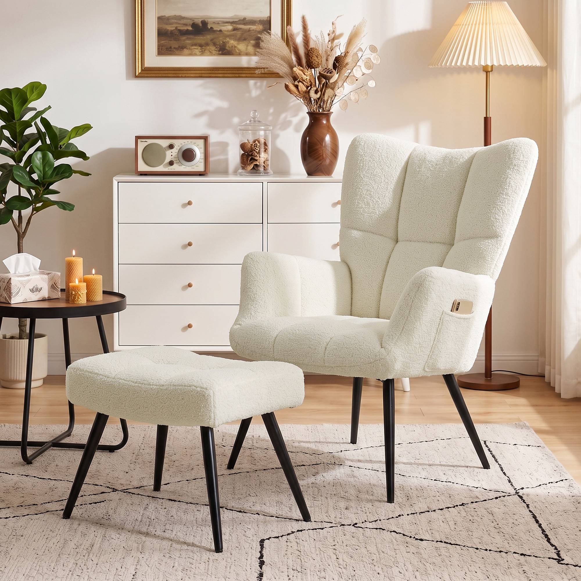 Sans Marque - Fauteuil de Salon avec Repose-Pied, Fauteuil d'Appoint Capitonné en Peluche Teddy, Dossier Haut, Poches Latérales, Beige - Image 4