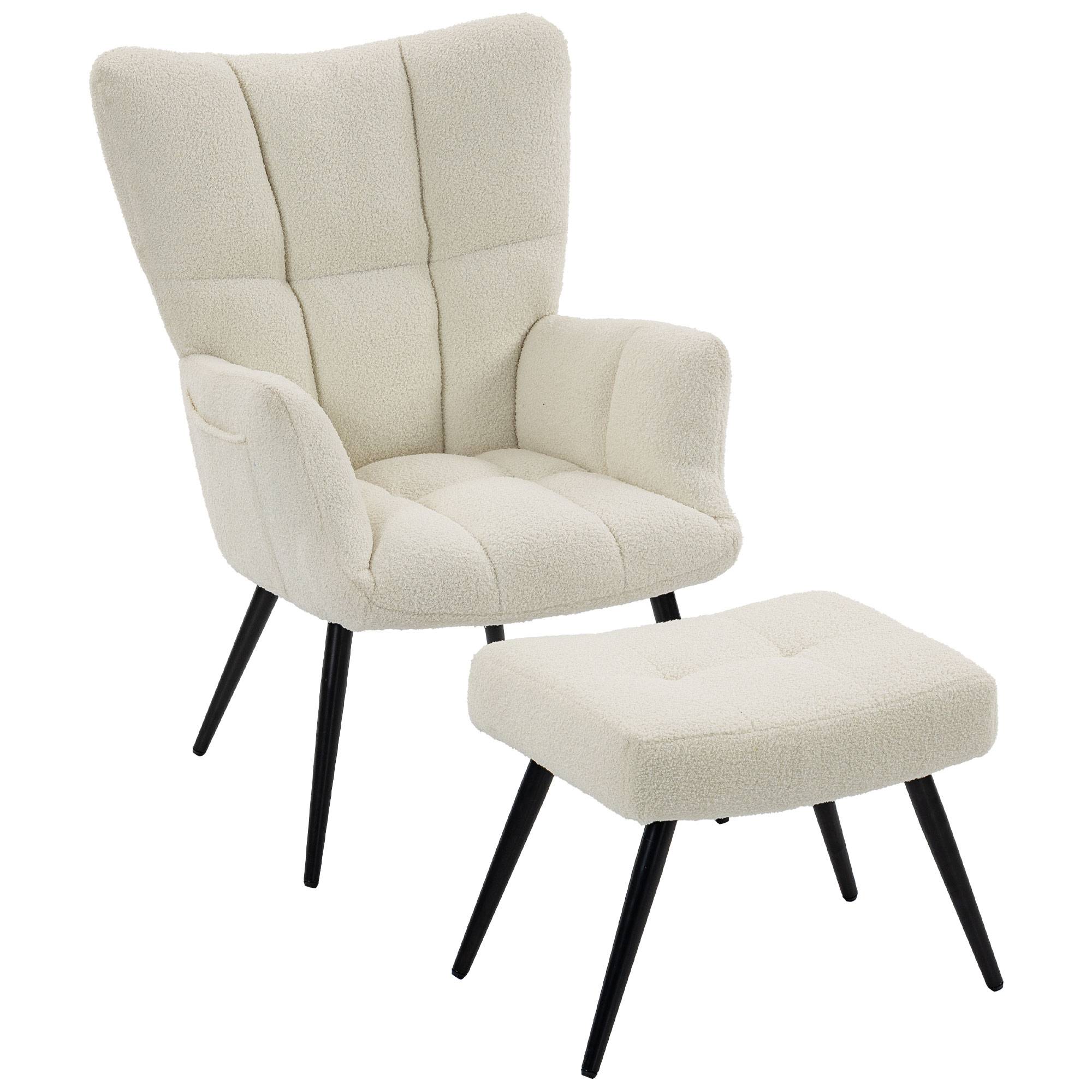 Sans Marque - Fauteuil de Salon avec Repose-Pied, Fauteuil d'Appoint Capitonné en Peluche Teddy, Dossier Haut, Poches Latérales, Beige - Image 2