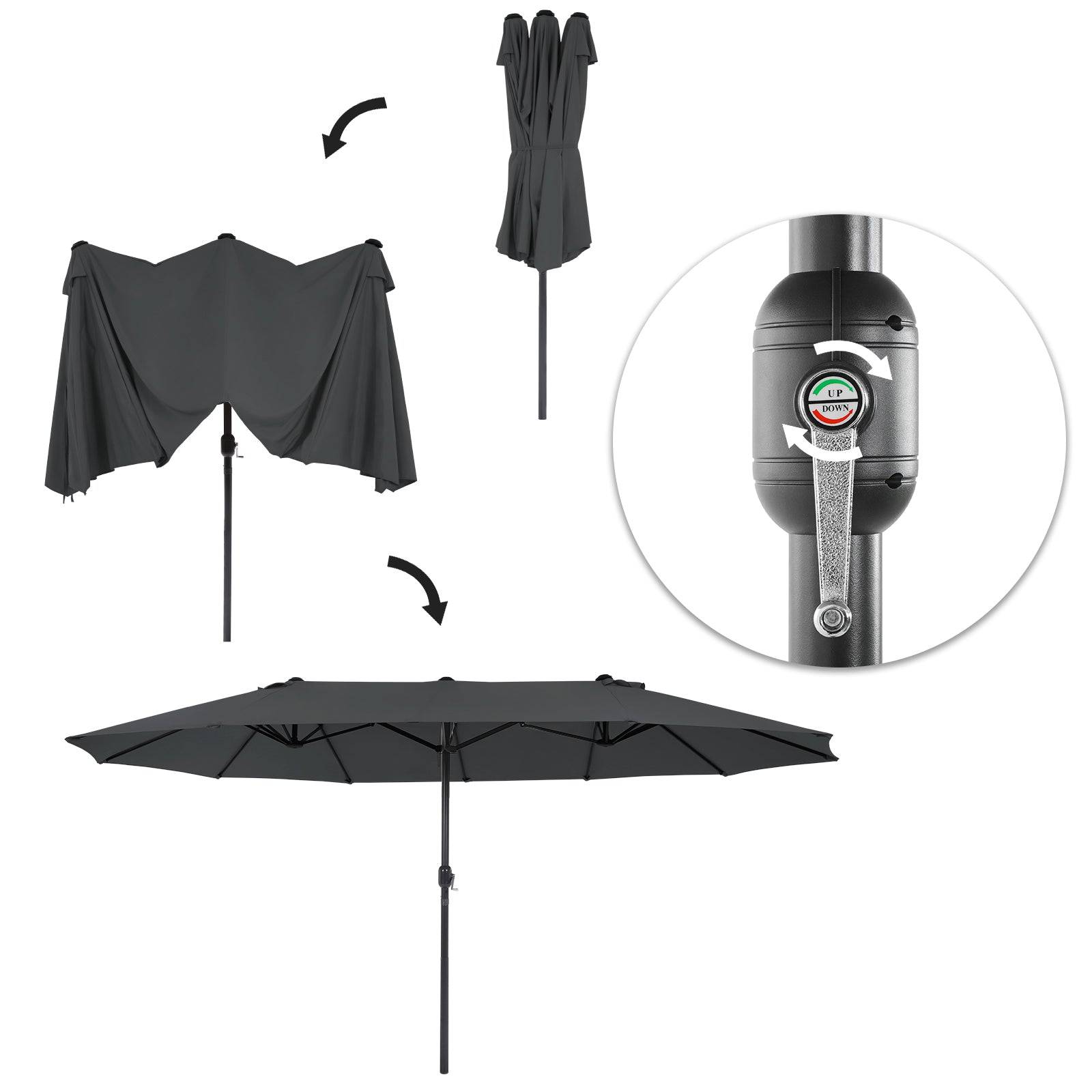 Helloshop26 - Parasol double 460 x 270 cm ombrelle extra large pour terrasse protection UPF 50+ avec manivelle pour jardin extérieur piscine plage sans socle gris - Imagen 3