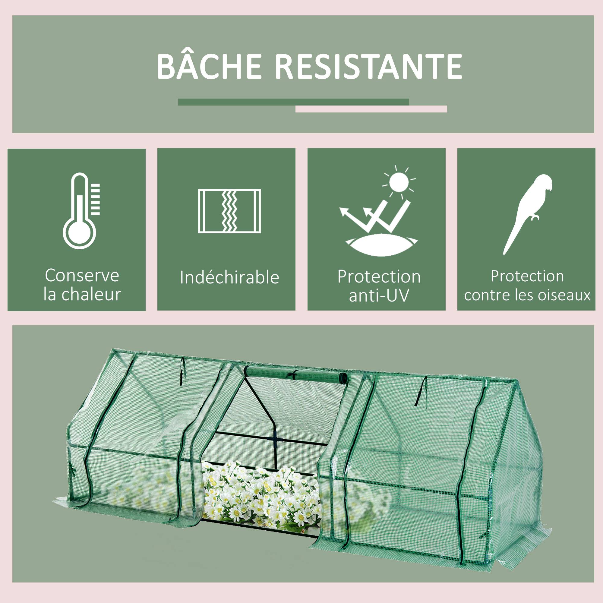 Mini Serre de Jardin mini serre tunnel 180L x 90l x 90H cm toit pointu Acier PE Haute densité 140 g/m² Anti-UV 3 fenêtres avec Zip enroulables Vert - Image 6