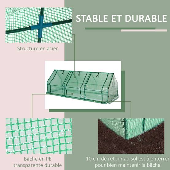 Mini Serre de Jardin mini serre tunnel 180L x 90l x 90H cm toit pointu Acier PE Haute densité 140 g/m² Anti-UV 3 fenêtres avec Zip enroulables Vert - Image 7