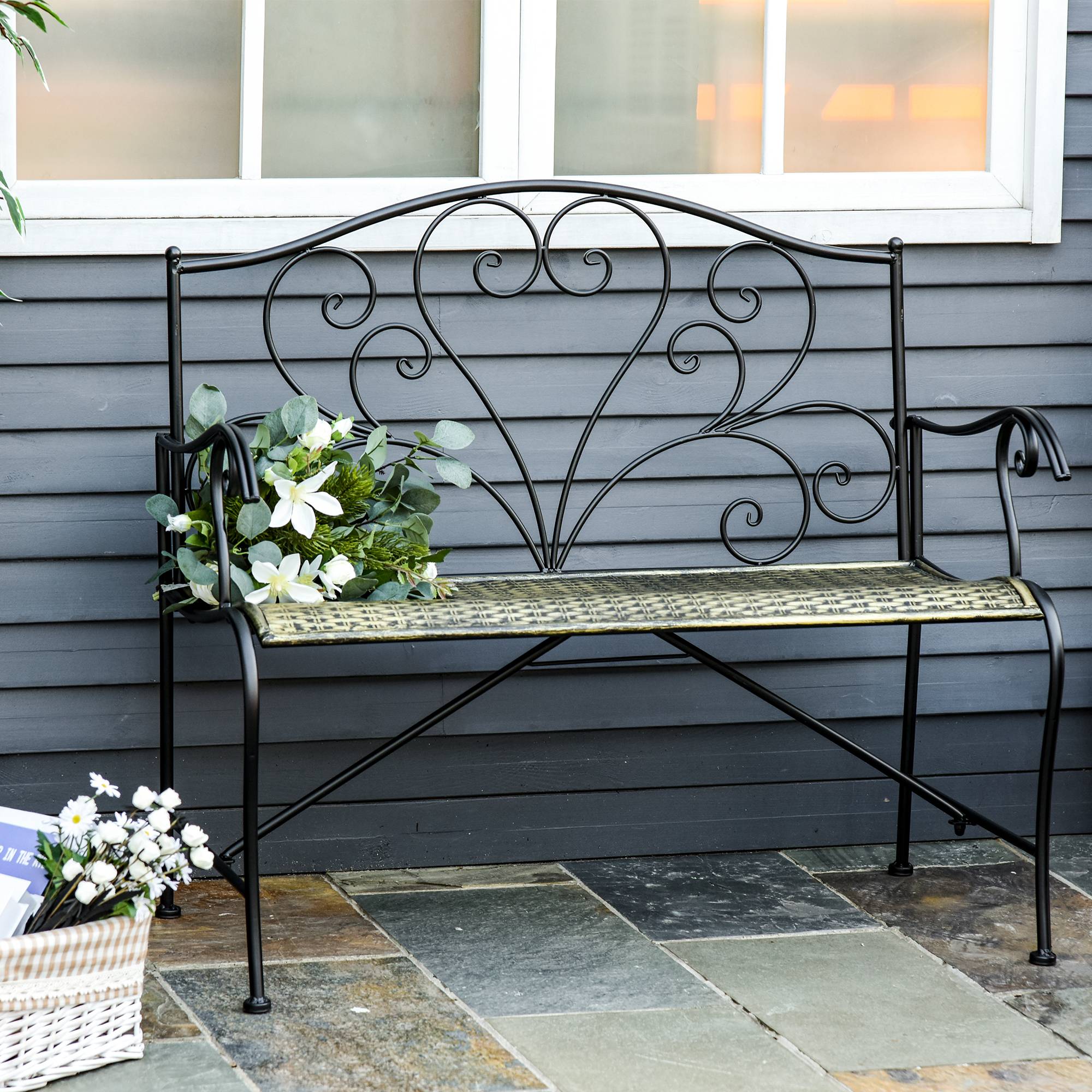 Banc de jardin 2 places en fer forgé style vintage, noir - Image 2