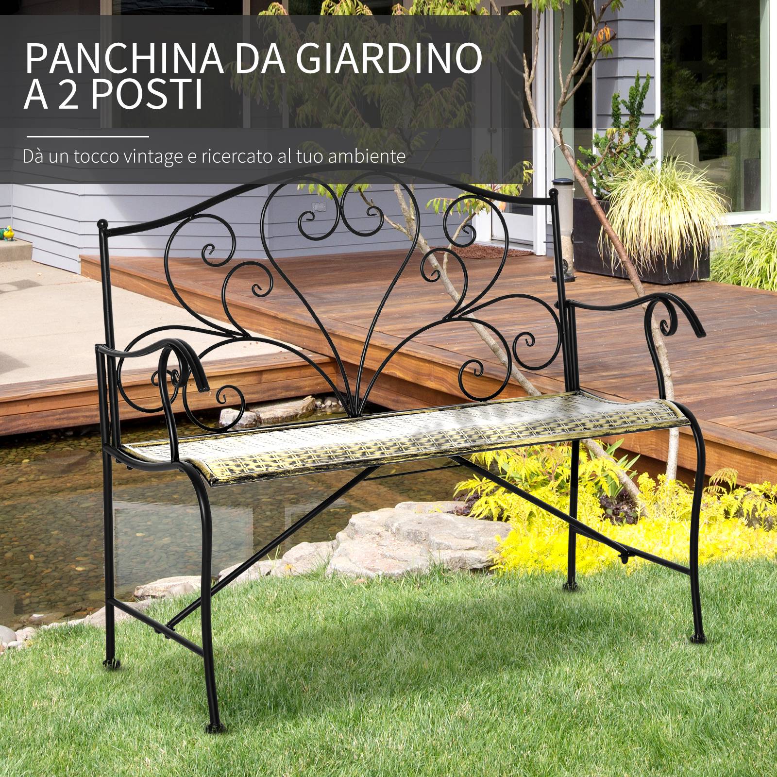 Banc de jardin 2 places en fer forgé style vintage, noir - Image 6