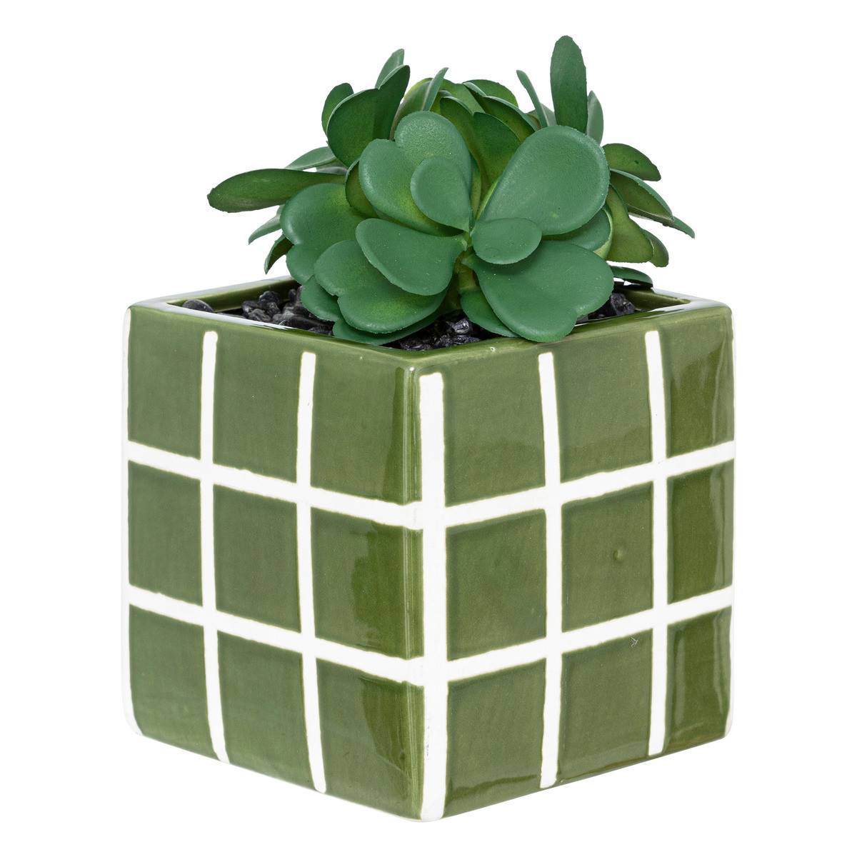 Atmosphera - Plante grasse artificielle dans un pot en céramique brillante à carreau H 17 cm
