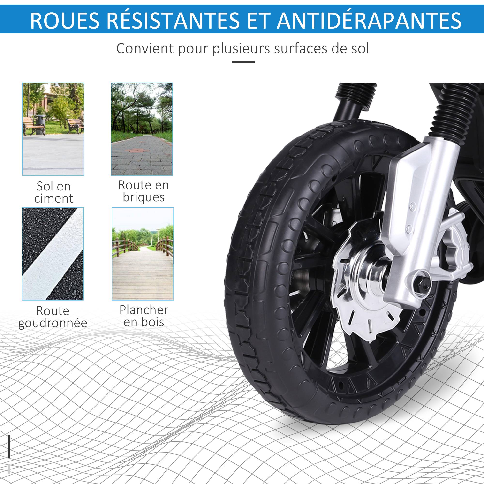 Moto électrique pour Enfants de 3-6 ans 25 W 6 V 3 Km/h Effets Lumineux et sonores roulettes Amovibles Charge max. 30 kg Bleu - Image 8