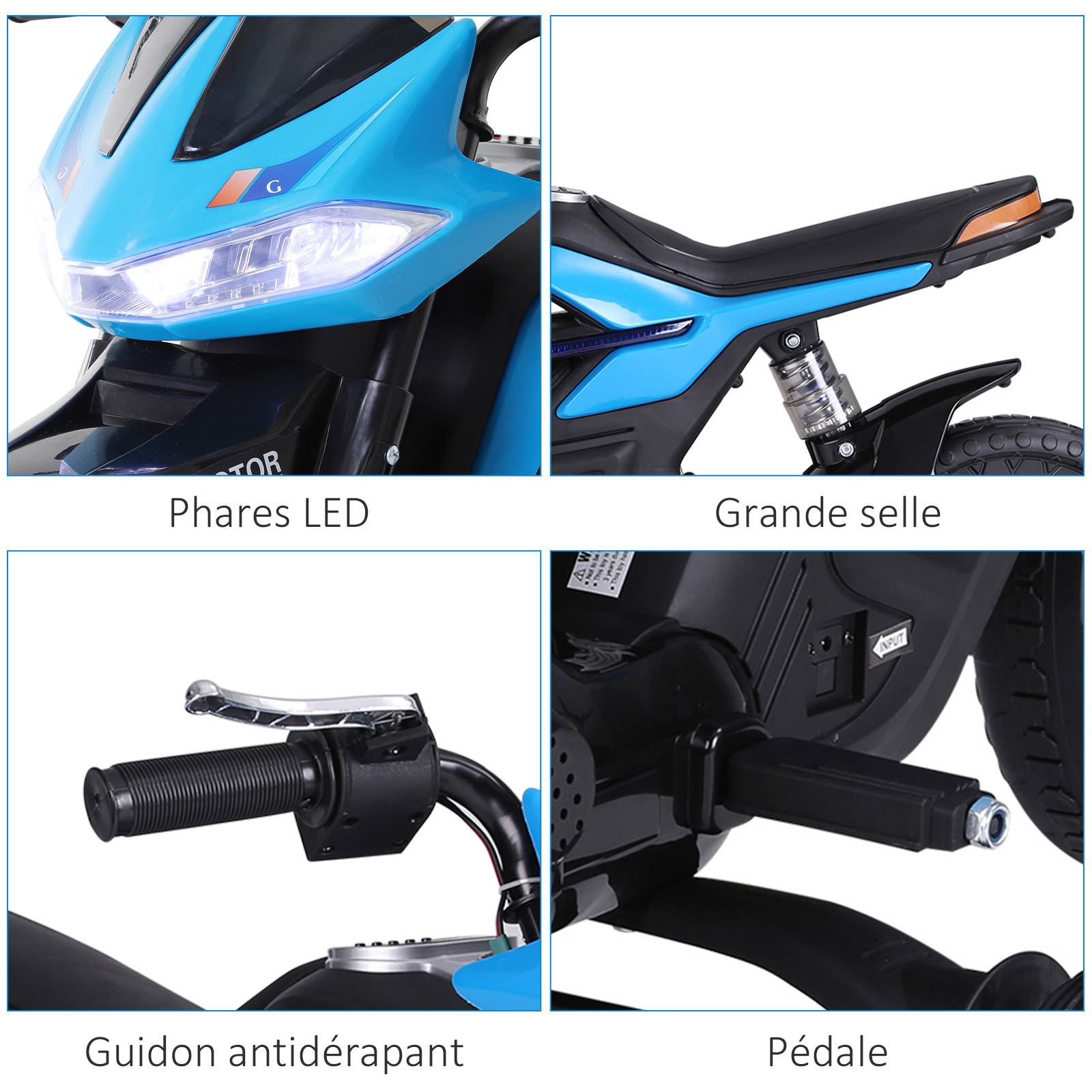 Moto électrique pour Enfants de 3-6 ans 25 W 6 V 3 Km/h Effets Lumineux et sonores roulettes Amovibles Charge max. 30 kg Bleu - Image 9