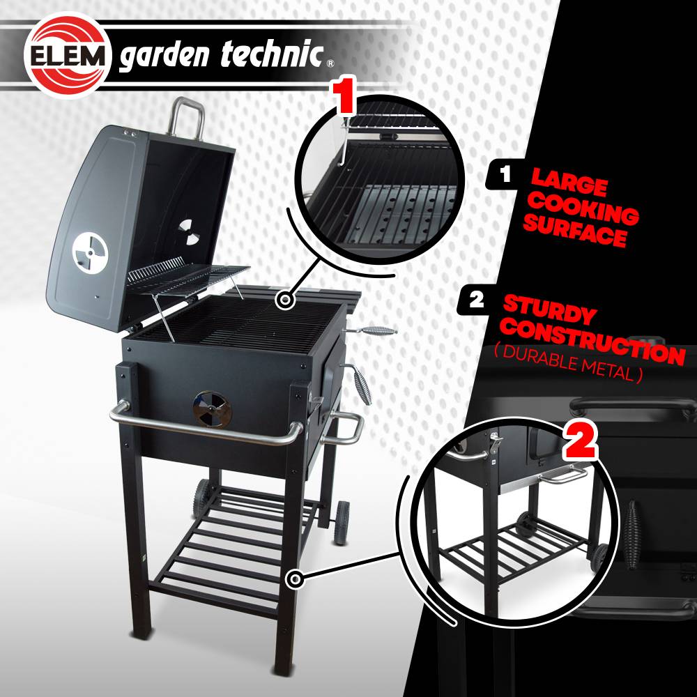 Elem Garden Technic - Barbecue charbon de bois avec roues et thermomètre, surface de cuisson 55x41.6cm - Image 4