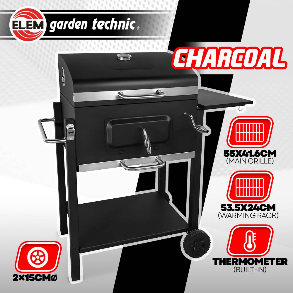 Elem Garden Technic - Barbecue charbon de bois avec roues et thermomètre, surface de cuisson 55x41.6cm - Image 2