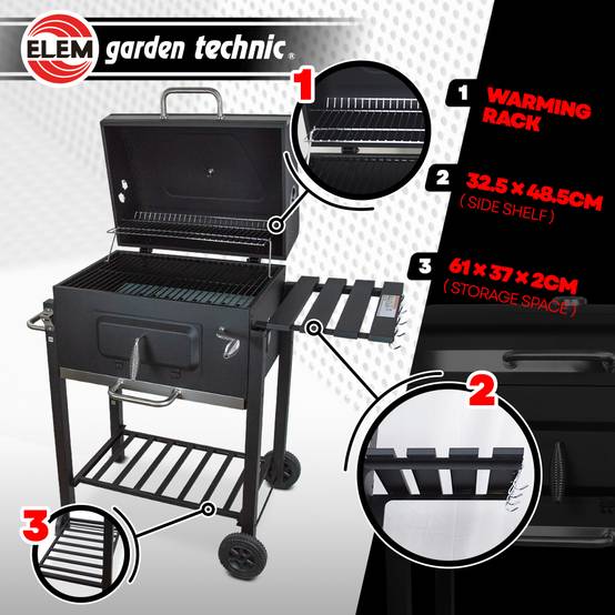 Elem Garden Technic - Barbecue charbon de bois avec roues et thermomètre, surface de cuisson 55x41.6cm - Image 3