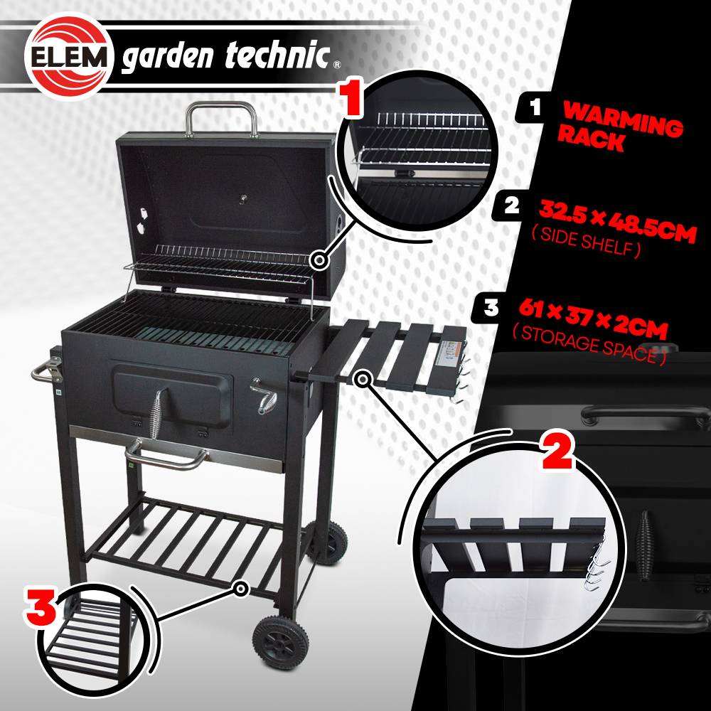 Elem Garden Technic - Barbecue charbon de bois avec roues et thermomètre, surface de cuisson 55x41.6cm - Image 3