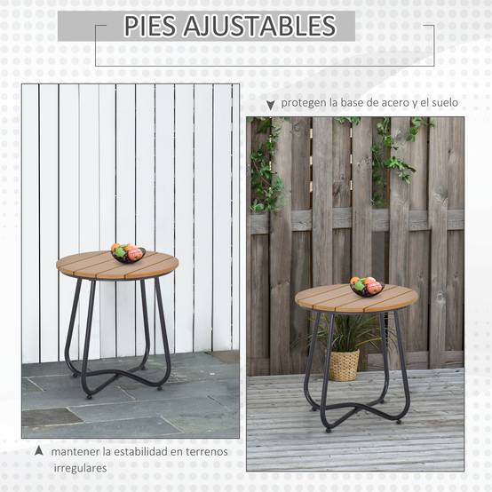 Table de jardin ronde à lattes et pieds réglables pour terrasse, balcon et jardin Ø49x48 cm Bois et noir - Image 7