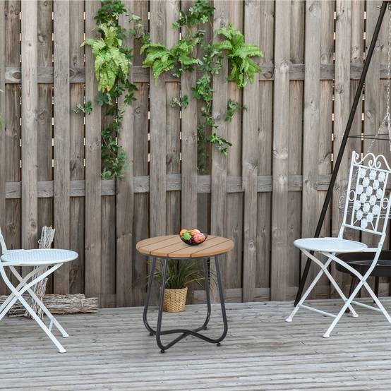 Table de jardin ronde à lattes et pieds réglables pour terrasse, balcon et jardin Ø49x48 cm Bois et noir - Image 3