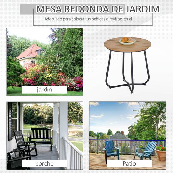 Table de jardin ronde à lattes et pieds réglables pour terrasse, balcon et jardin Ø49x48 cm Bois et noir - Image 6