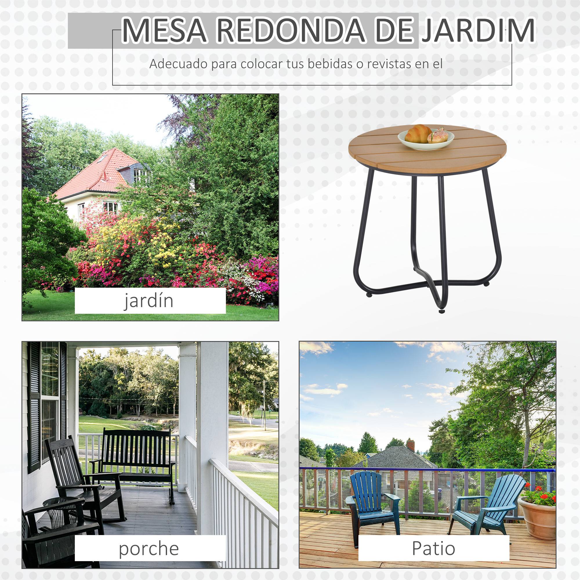 Table de jardin ronde à lattes et pieds réglables pour terrasse, balcon et jardin Ø49x48 cm Bois et noir - Image 6