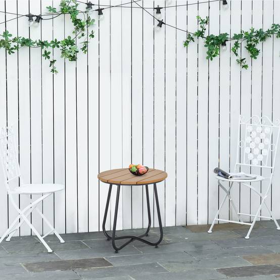 Table de jardin ronde à lattes et pieds réglables pour terrasse, balcon et jardin Ø49x48 cm Bois et noir - Image 4