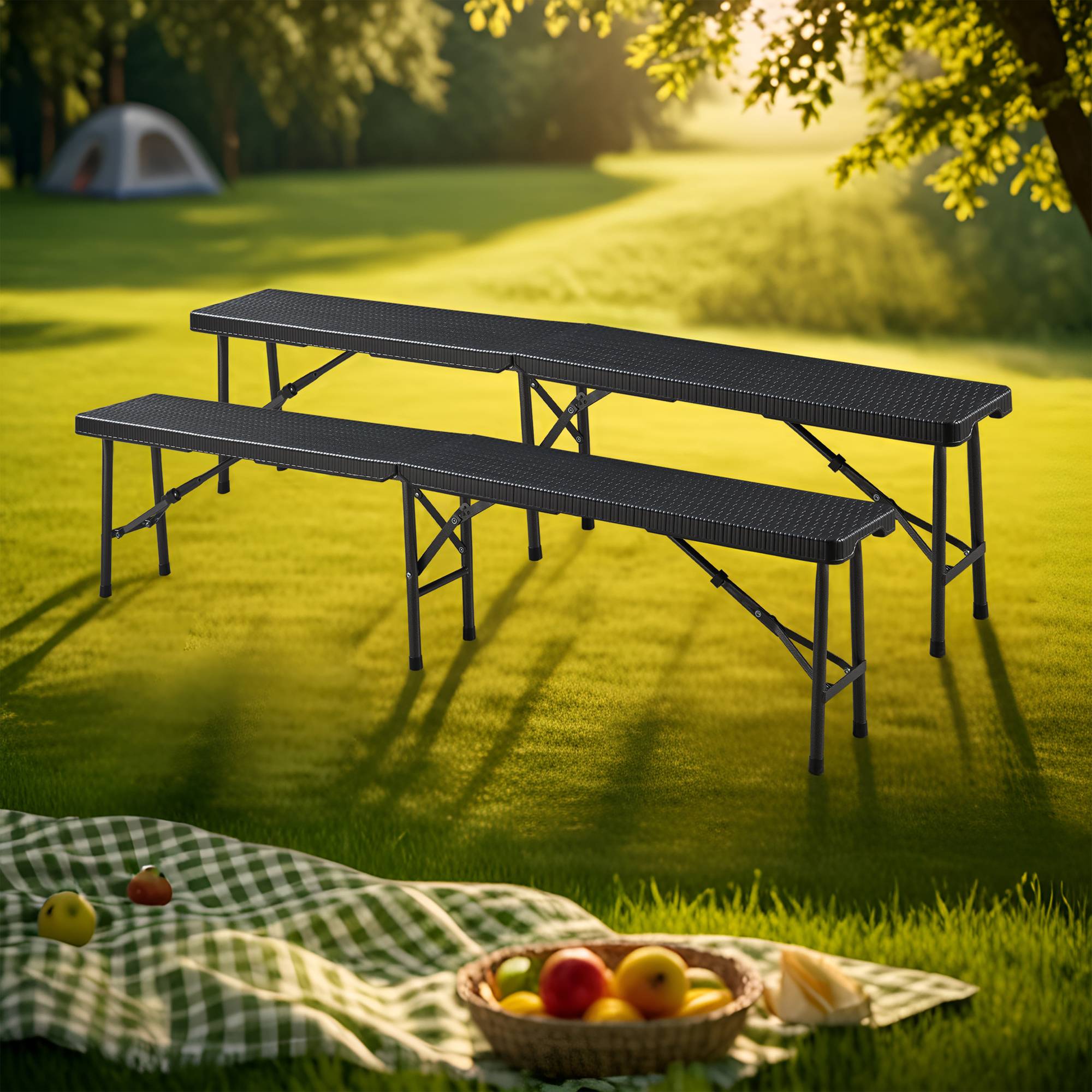 Lot de 2 bancs de camping pliables Mark 180 x 25 x 43 cm effet rotin noir [en.casa] - Image 2