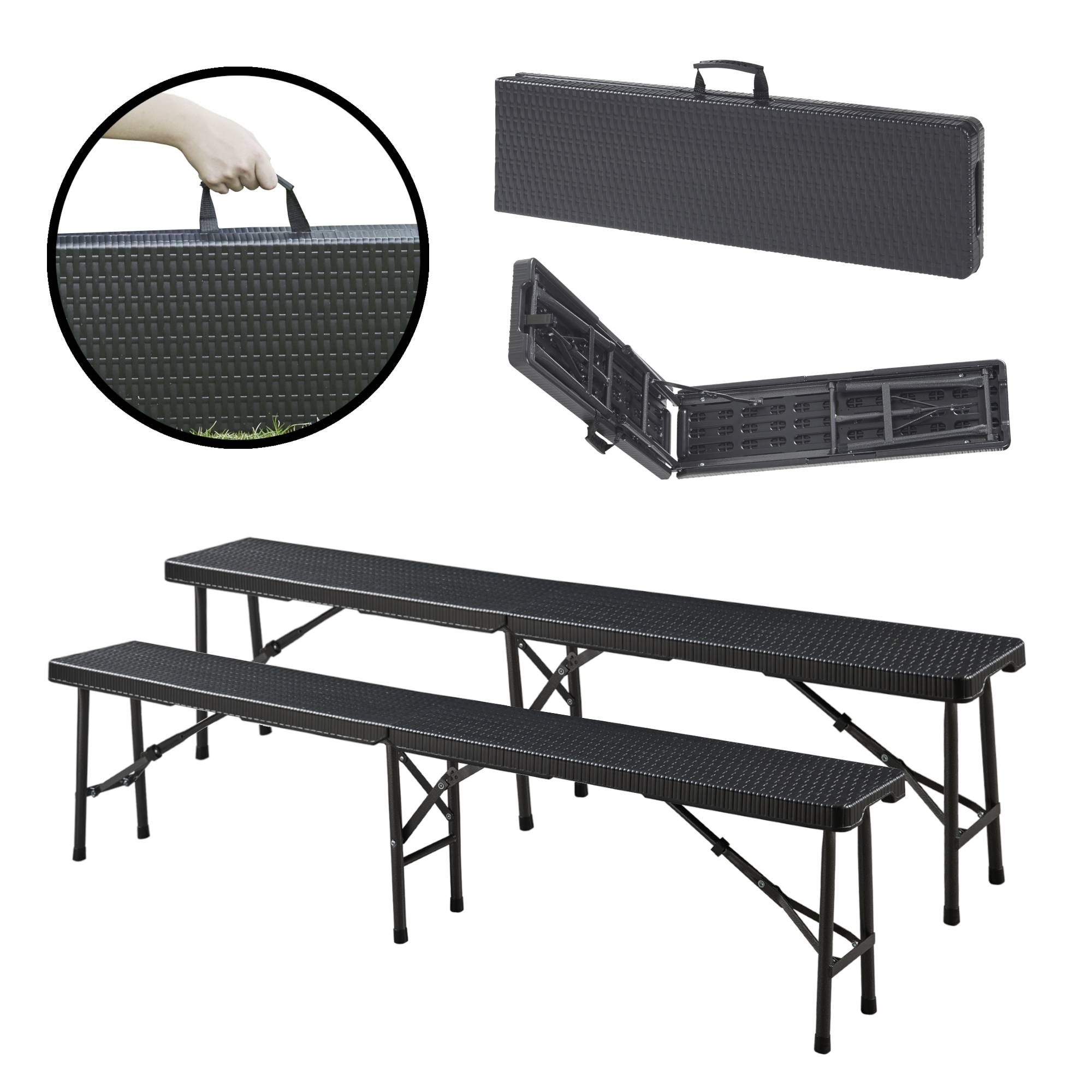 Lot de 2 bancs de camping pliables Mark 180 x 25 x 43 cm effet rotin noir [en.casa] - Image 1