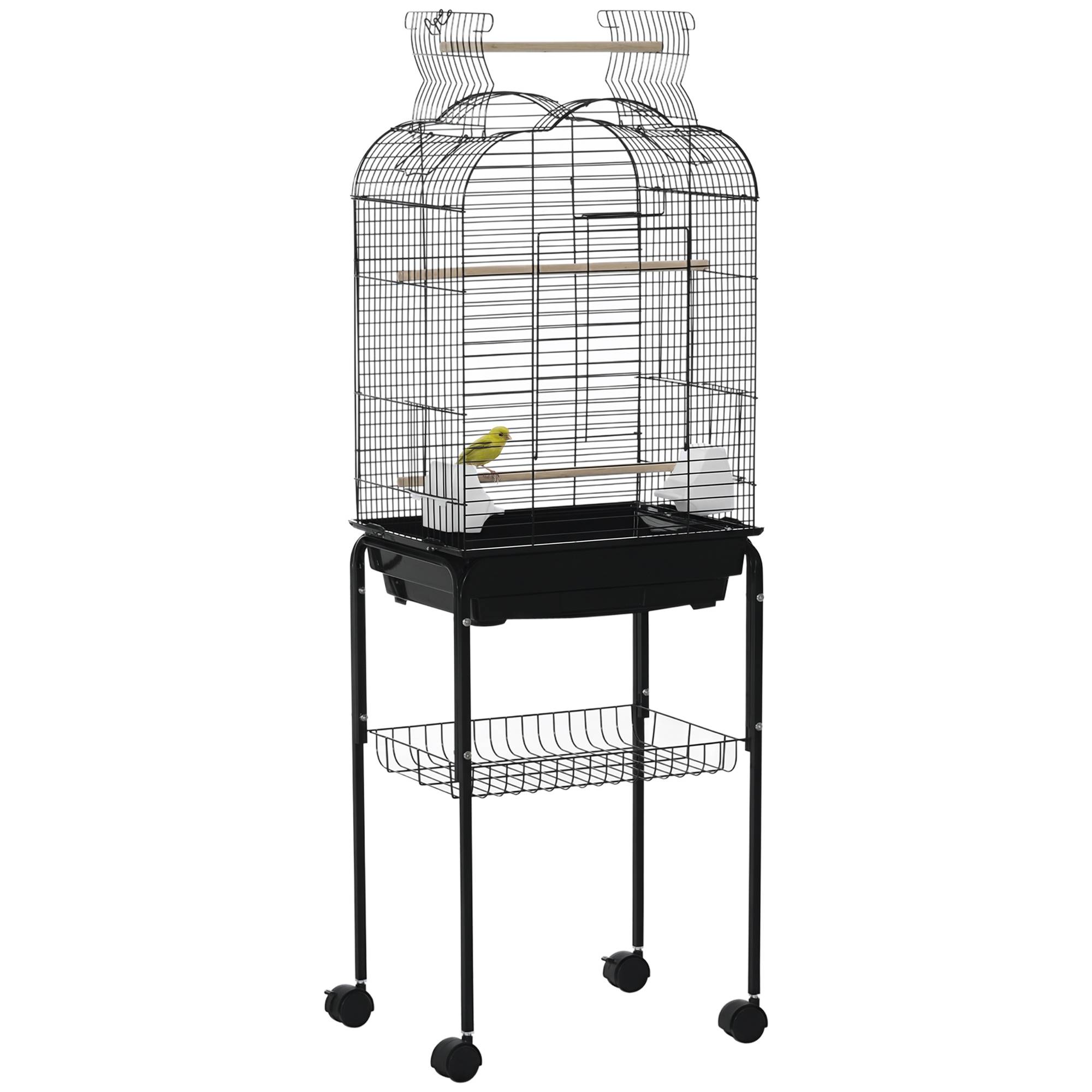 Cage à oiseaux volière pour oiseaux sur roulettes avec toit ouvrant 3 perchoirs étagère inférieure 46 x 36 x 130 cm noir
