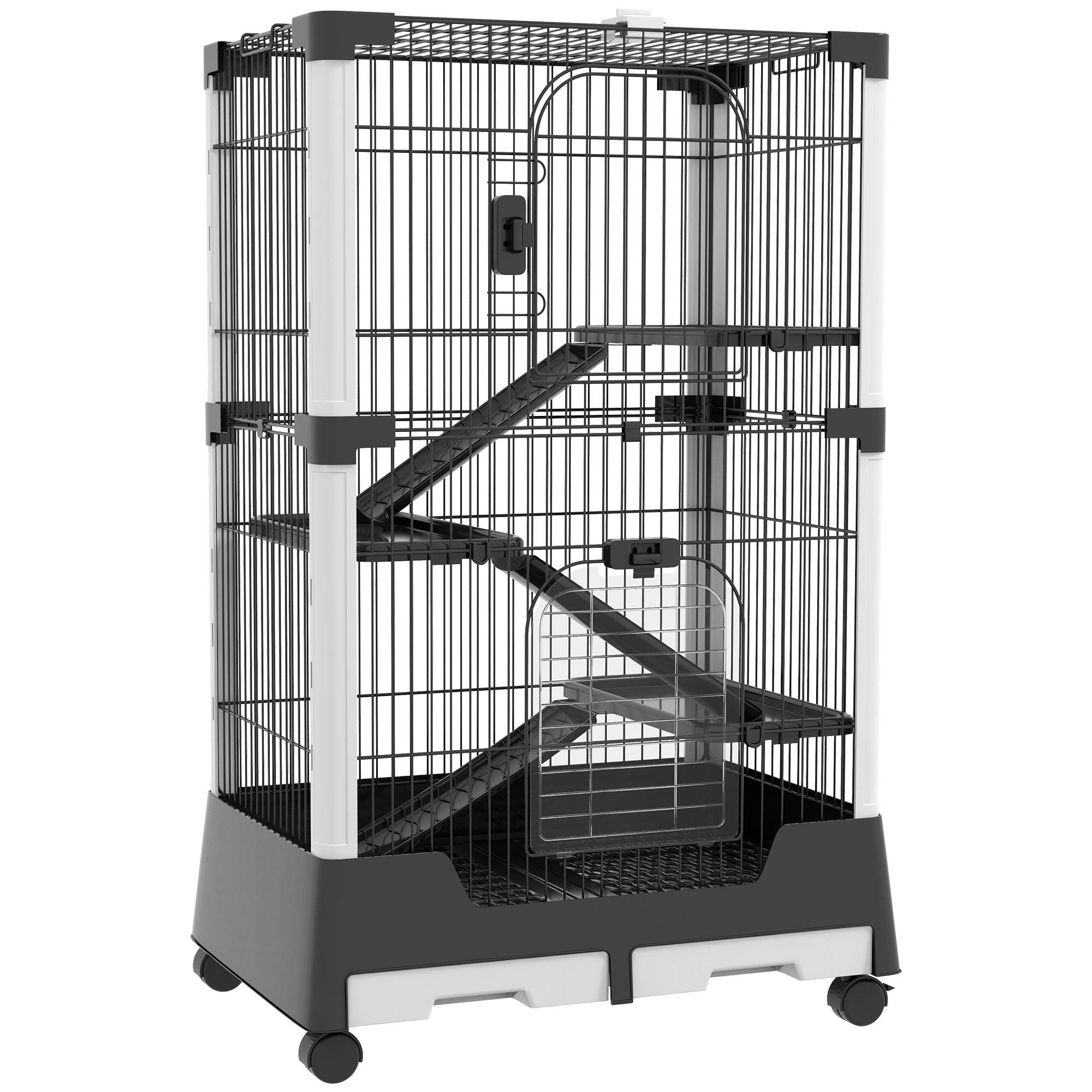Cage pour petits animaux avec roulettes 114x75x50 cm, enclos pour animaux de compagnie avec 3 plateformes, 3 rampes et plateaux amovibles - Image 1