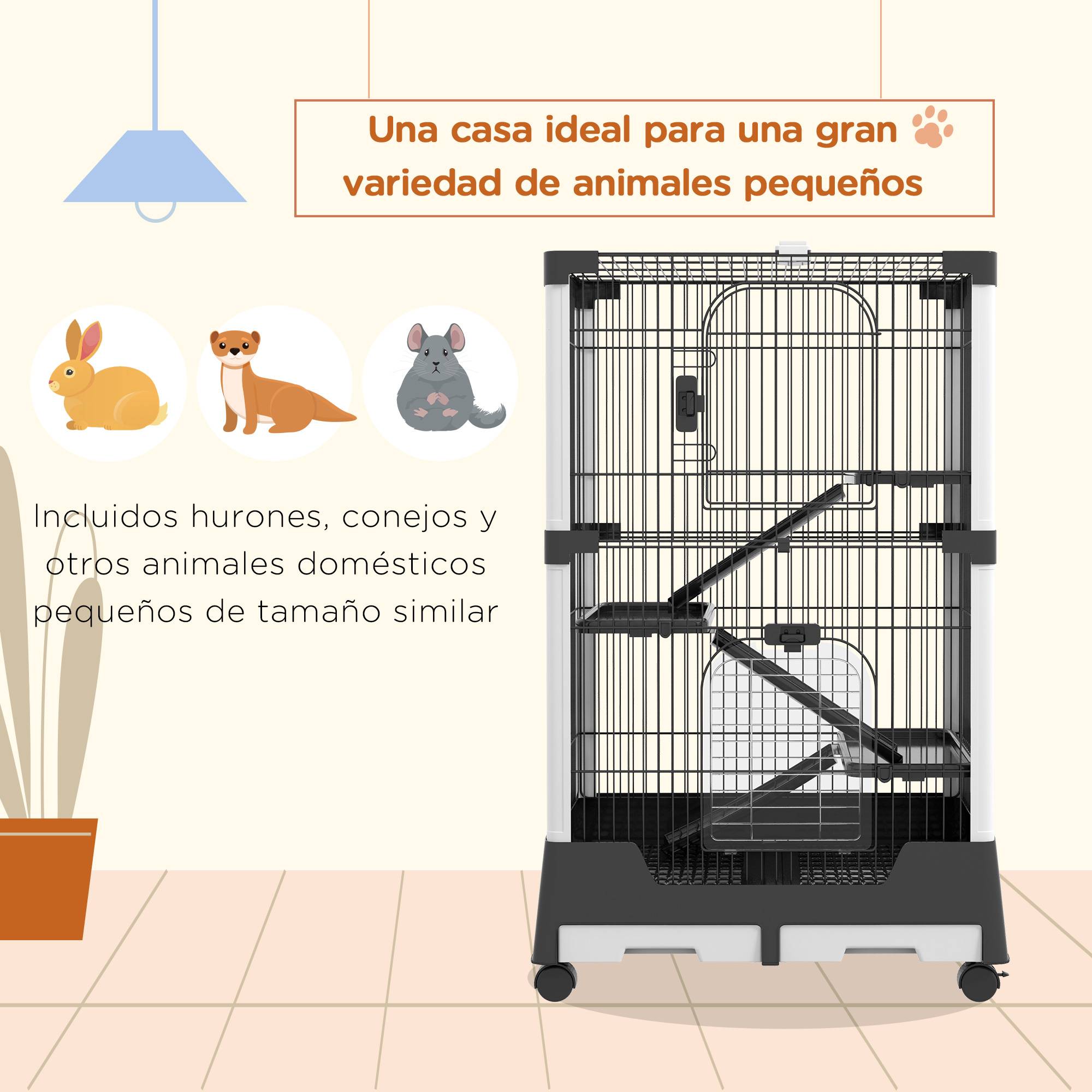 Cage pour petits animaux avec roulettes 114x75x50 cm, enclos pour animaux de compagnie avec 3 plateformes, 3 rampes et plateaux amovibles - Image 6
