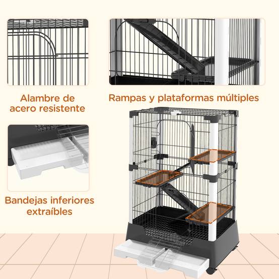 Cage pour petits animaux avec roulettes 114x75x50 cm, enclos pour animaux de compagnie avec 3 plateformes, 3 rampes et plateaux amovibles - Image 8