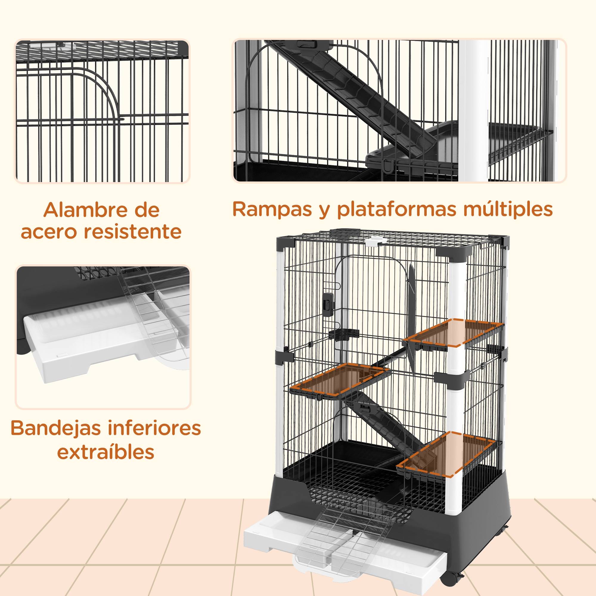 Cage pour petits animaux avec roulettes 114x75x50 cm, enclos pour animaux de compagnie avec 3 plateformes, 3 rampes et plateaux amovibles - Image 8