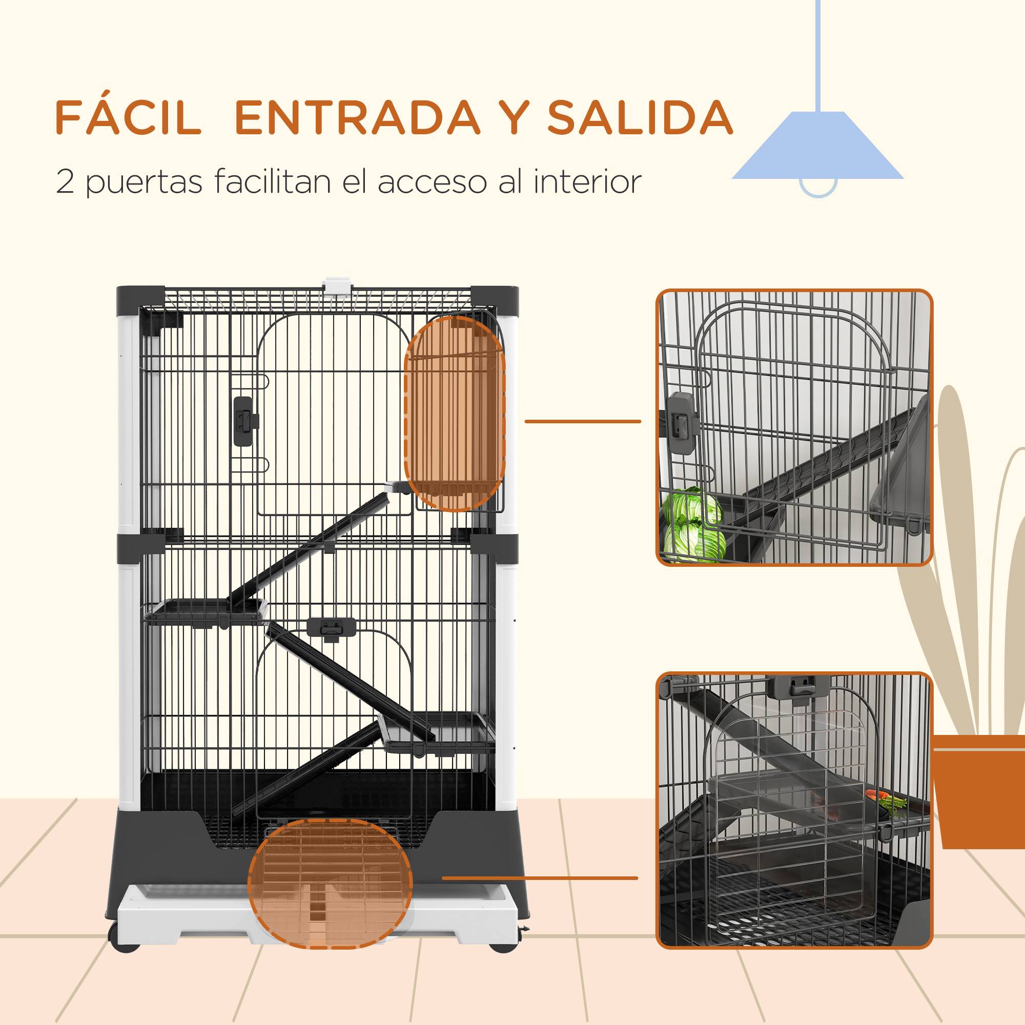Cage pour petits animaux avec roulettes 114x75x50 cm, enclos pour animaux de compagnie avec 3 plateformes, 3 rampes et plateaux amovibles - Image 9