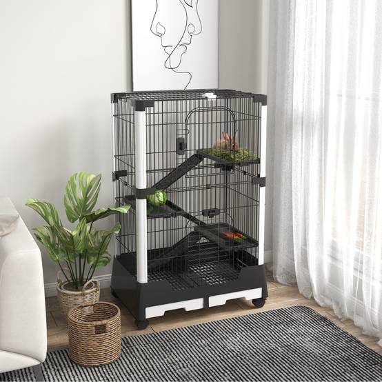 Cage pour petits animaux avec roulettes 114x75x50 cm, enclos pour animaux de compagnie avec 3 plateformes, 3 rampes et plateaux amovibles - Image 4