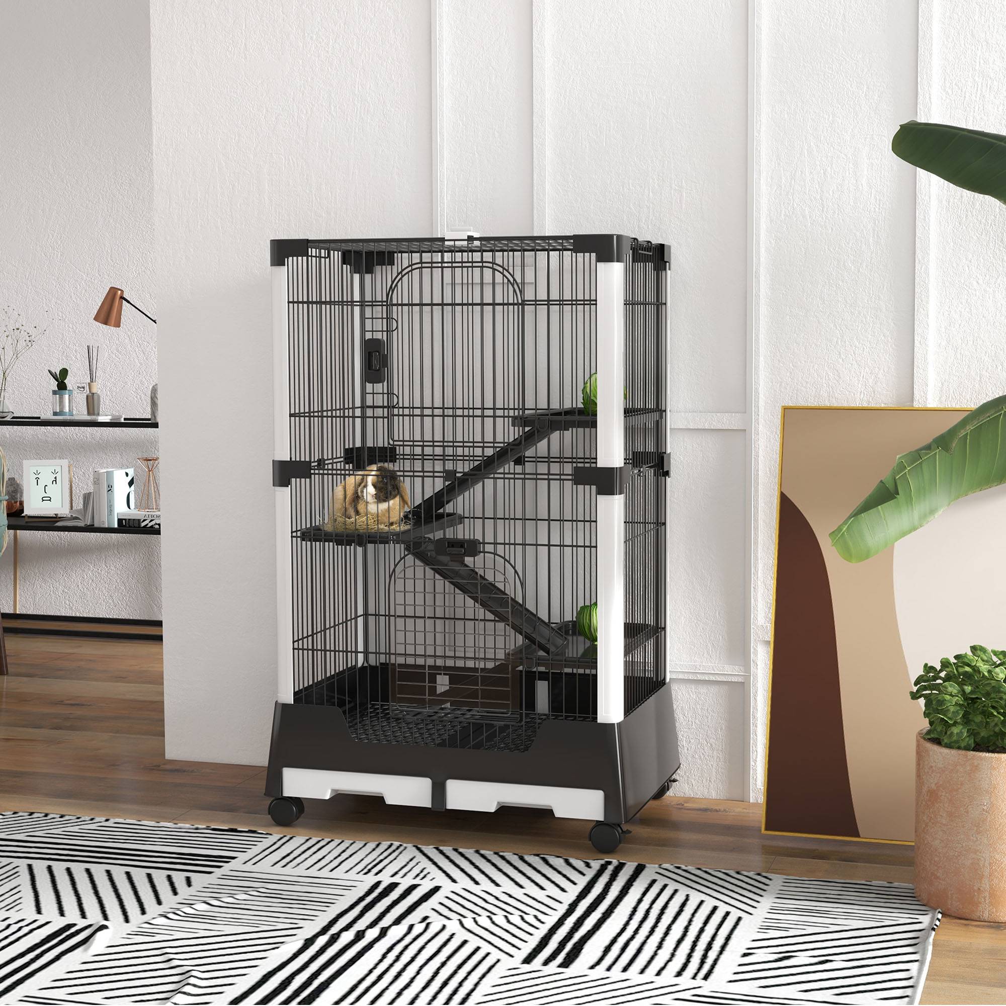 Cage pour petits animaux avec roulettes 114x75x50 cm, enclos pour animaux de compagnie avec 3 plateformes, 3 rampes et plateaux amovibles - Image 3