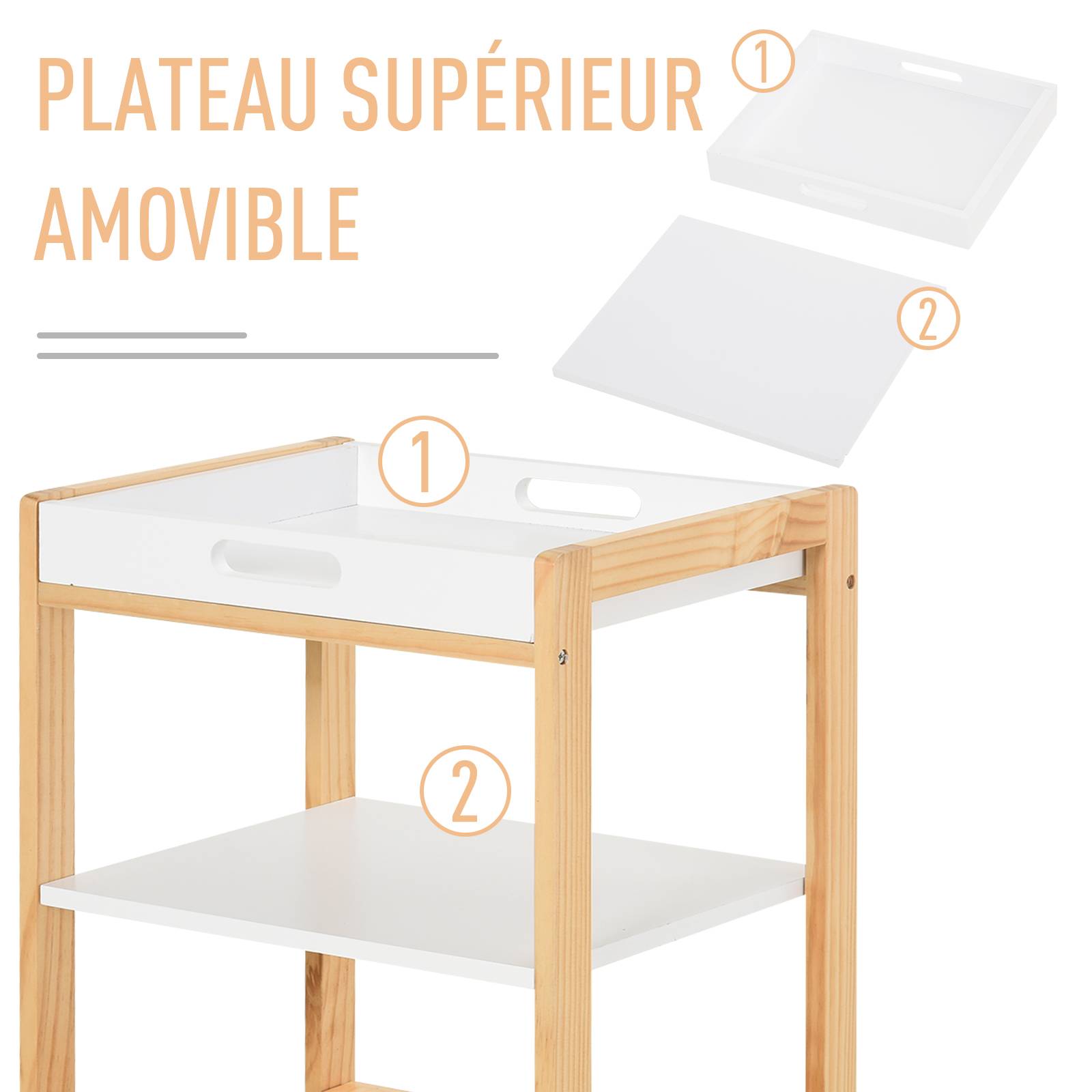 Chariot de service desserte de cuisine à roulettes 3 étagères + plateau amovible bois de pin MDF blanc - Image 6