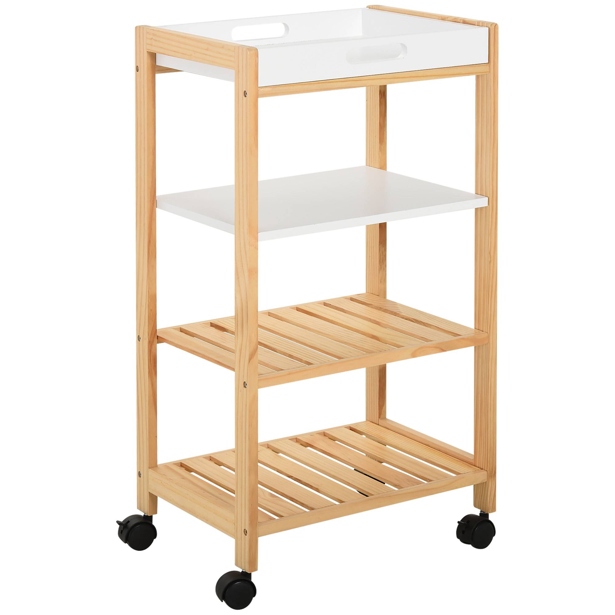 Chariot de service desserte de cuisine à roulettes 3 étagères + plateau amovible bois de pin MDF blanc - Image 1