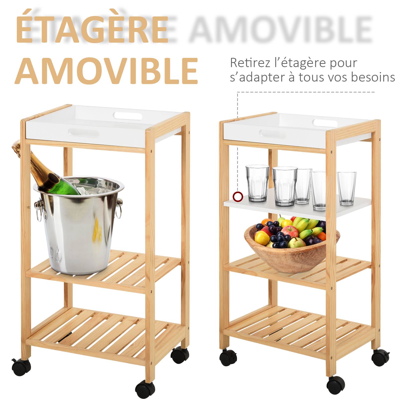 Chariot de service desserte de cuisine à roulettes 3 étagères + plateau amovible bois de pin MDF blanc - Image 7