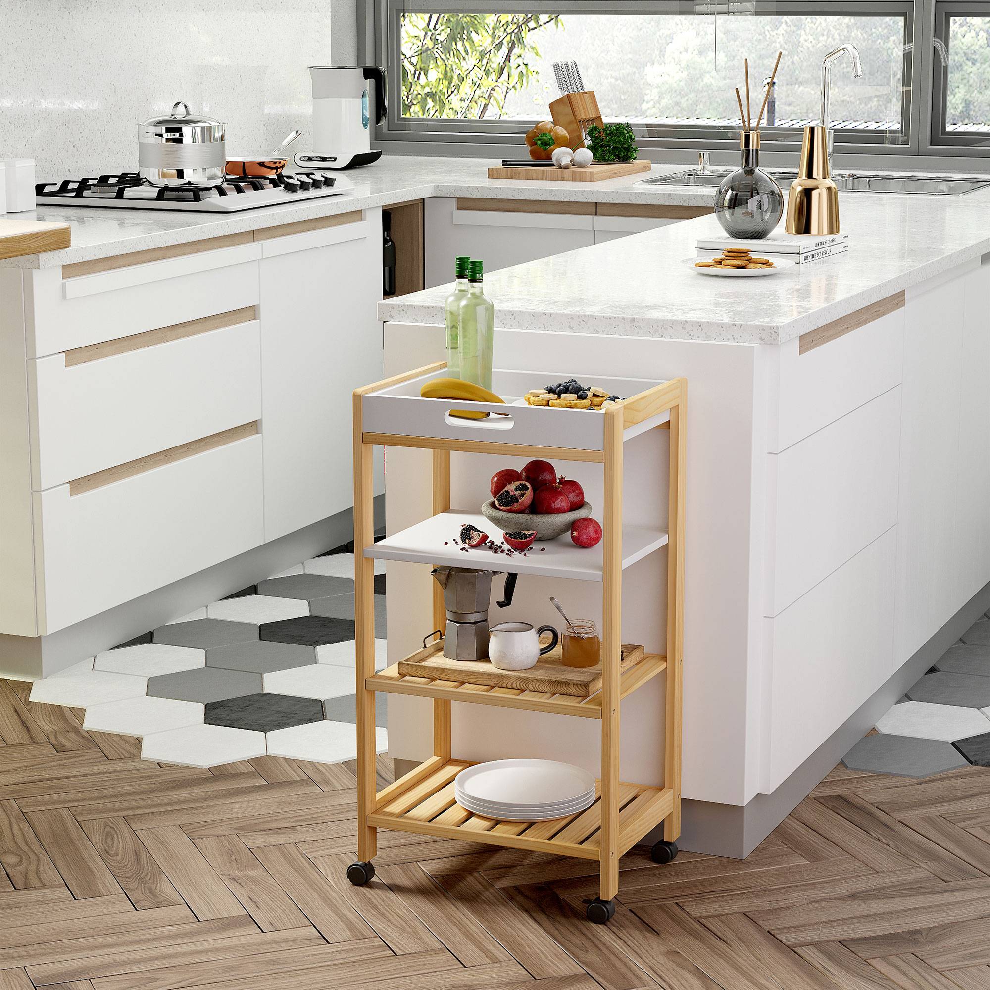 Chariot de service desserte de cuisine à roulettes 3 étagères + plateau amovible bois de pin MDF blanc - Image 3