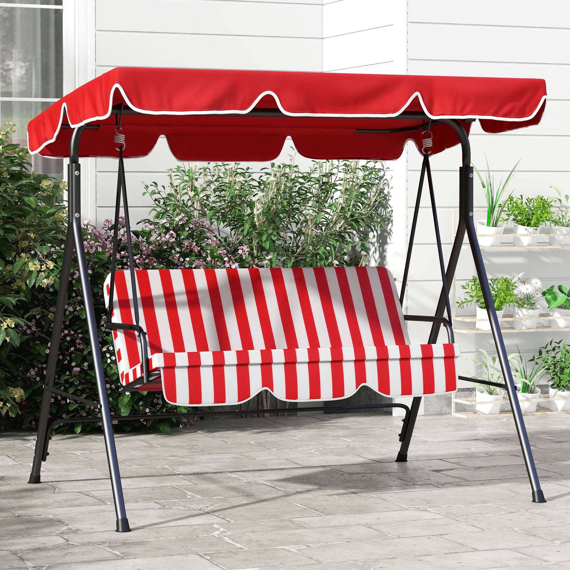 Outsunny - Balancelle de jardin 3 places toit inclinaison réglable coussins assise et dossier acier noir polyester rouge et blanc - Outsunny - Imagen 2