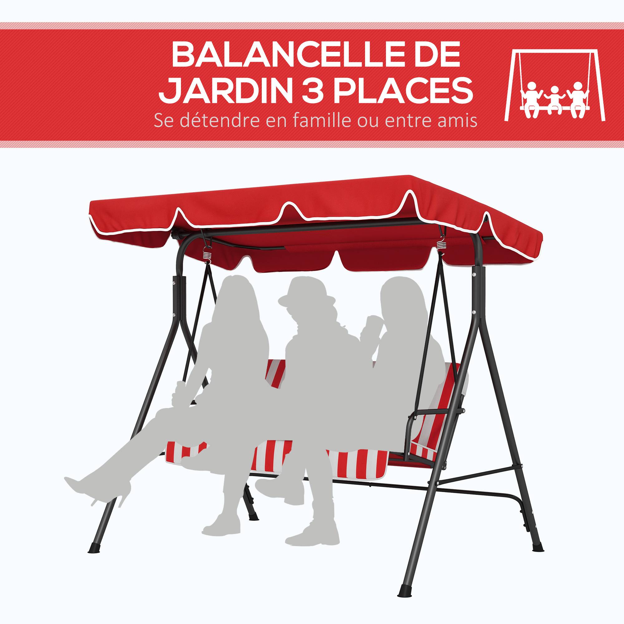Outsunny - Balancelle de jardin 3 places toit inclinaison réglable coussins assise et dossier acier noir polyester rouge et blanc - Outsunny - Imagen 7