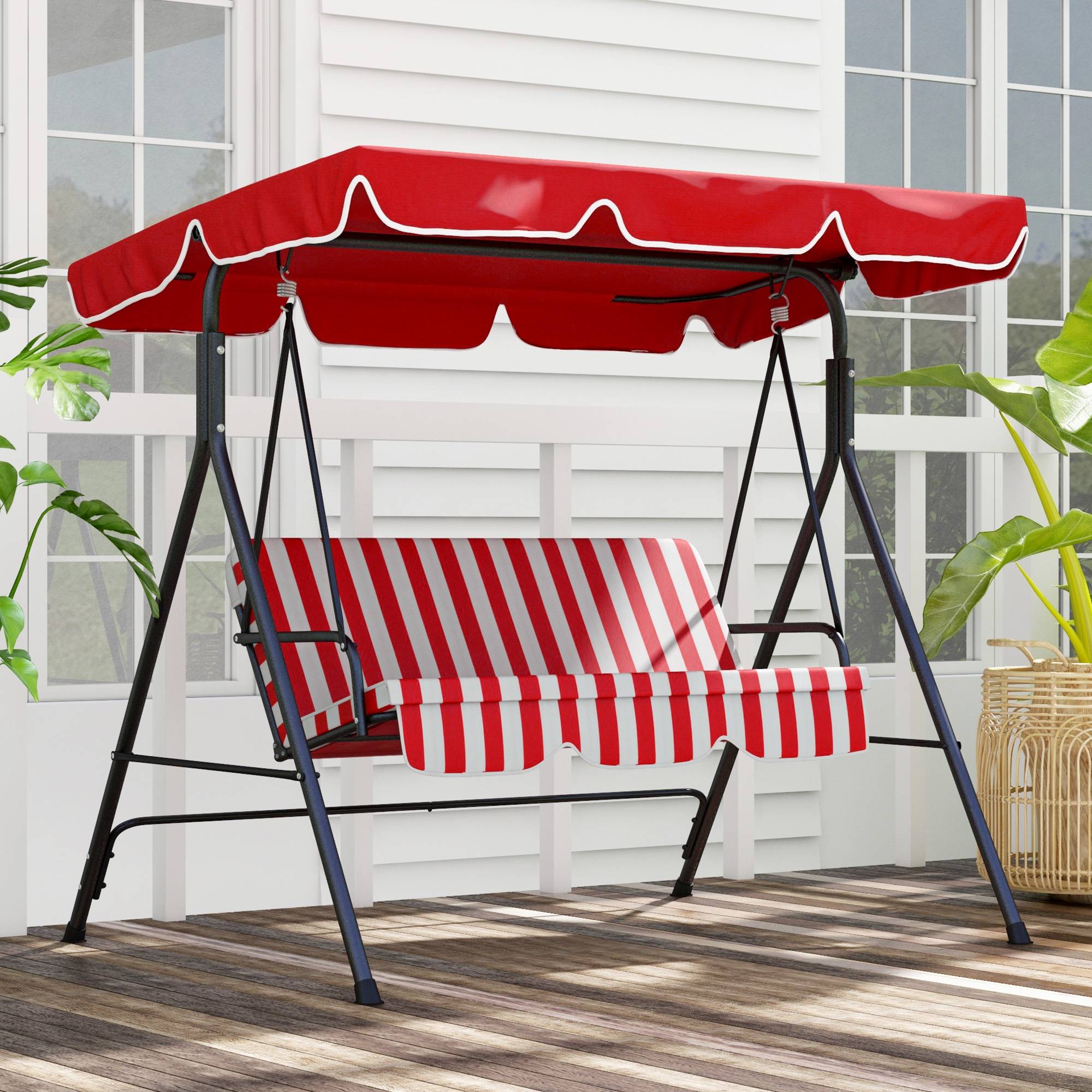 Outsunny - Balancelle de jardin 3 places toit inclinaison réglable coussins assise et dossier acier noir polyester rouge et blanc - Outsunny - Imagen 4