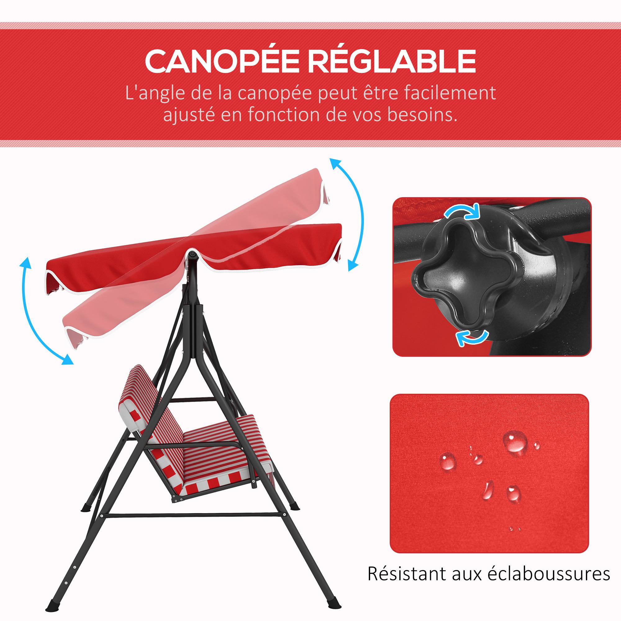 Outsunny - Balancelle de jardin 3 places toit inclinaison réglable coussins assise et dossier acier noir polyester rouge et blanc - Outsunny - Imagen 5