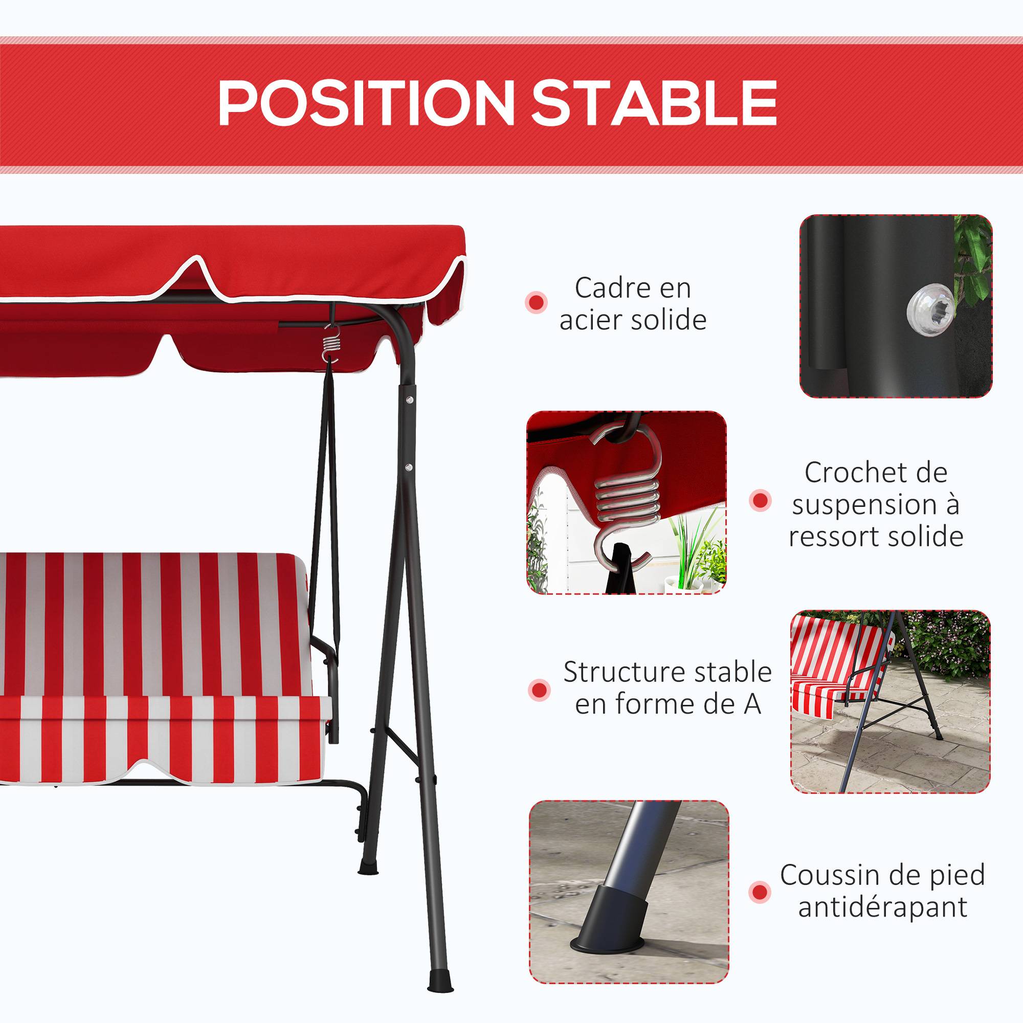 Outsunny - Balancelle de jardin 3 places toit inclinaison réglable coussins assise et dossier acier noir polyester rouge et blanc - Outsunny - Imagen 6